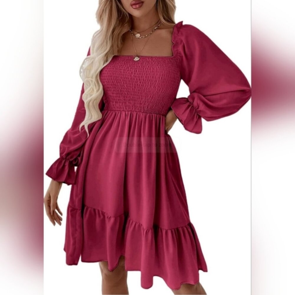 Womens Burgundy Square Neck Long Puff Sleeve Dress, Flowwy Midi Dress